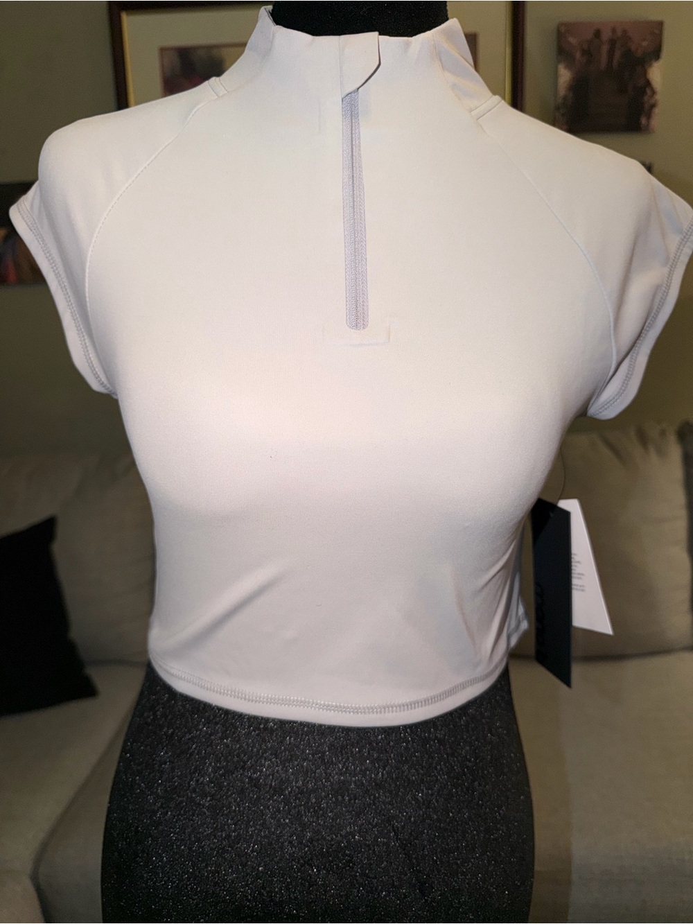 Mono B Light Grey Zip-Front Cap Sleeve Crop Top